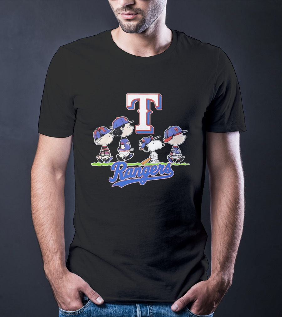 Peanuts Characters Walking With Texas Rangers Baseball Team T-Shirt