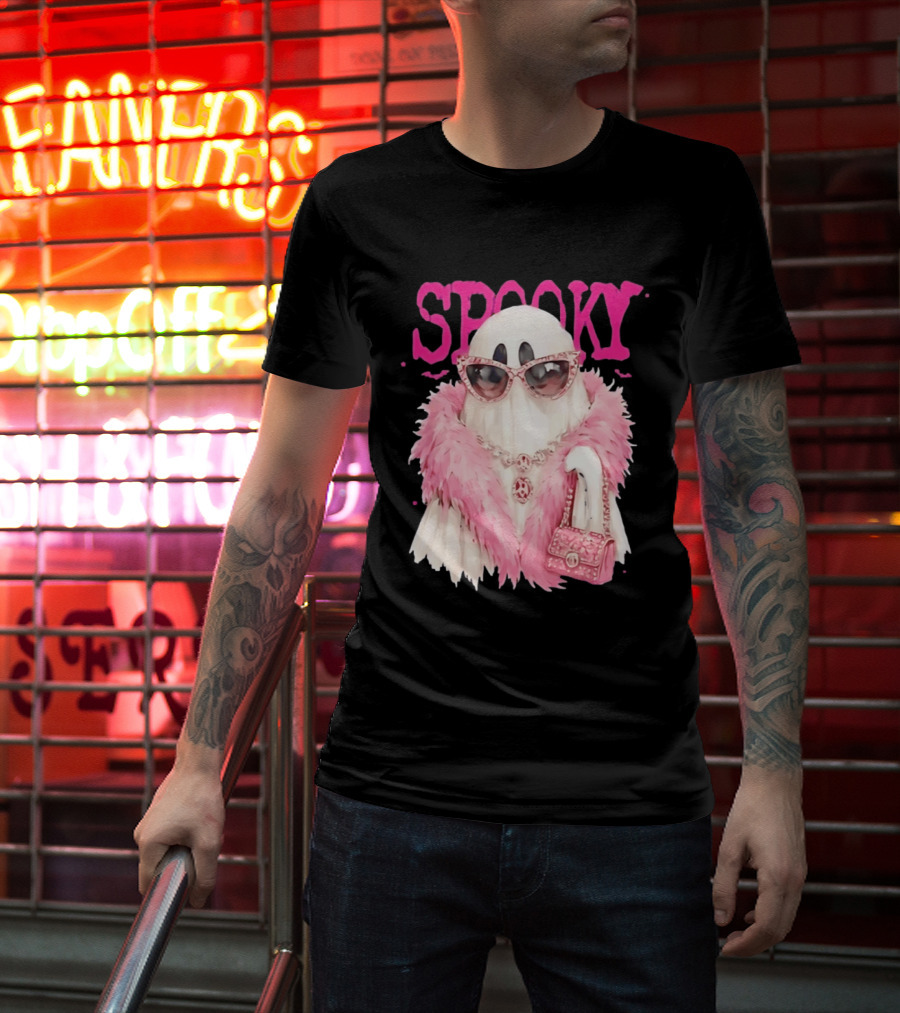Spooky Glamorous Ghost With Pink Fur And Sunglasses T-Shirt