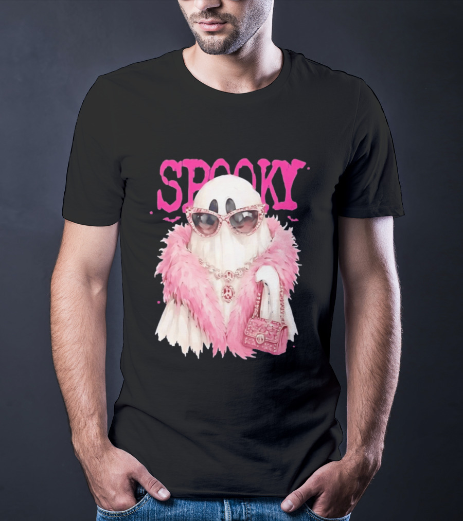 Spooky Glamorous Ghost With Pink Fur And Sunglasses T-Shirt