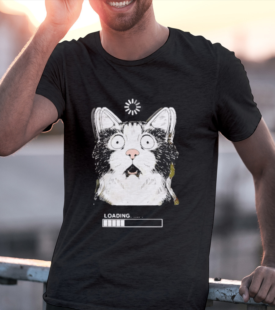 Startled Tuxedo Cat Staring Wide Eyed Beside Loading Progress Bar Meme T-Shirt