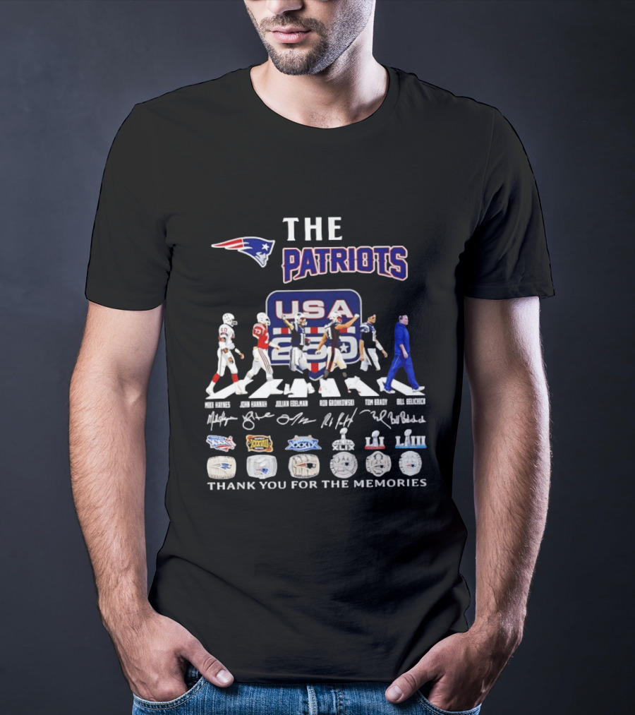 The Patriots USA 250 Thank You For The Memories With Player Signatures And Super Bowl Logos T-Shirt