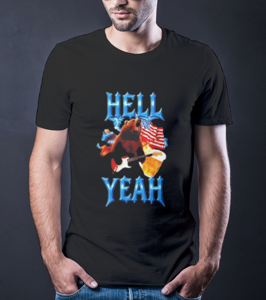 Hell Yeah Bear American Flag Guitar Beer Celebration T-Shirt