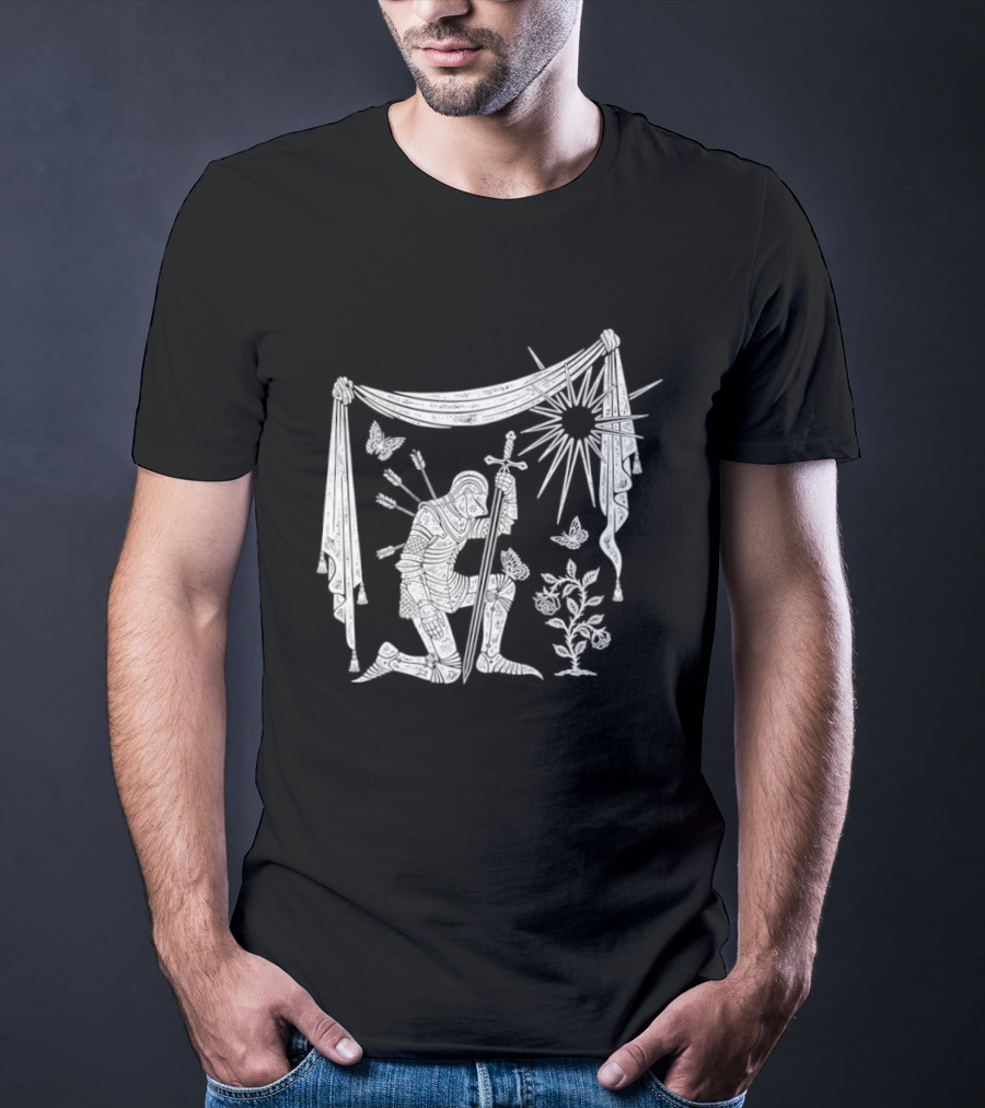 Knight Kneeling With Sword And Arrows Medieval Warrior Sun And Nature Motif T-Shirt