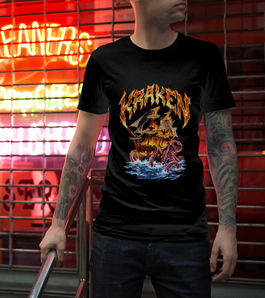 Kraken Nautical Myths Burning Ship Octopus Attack T-Shirt