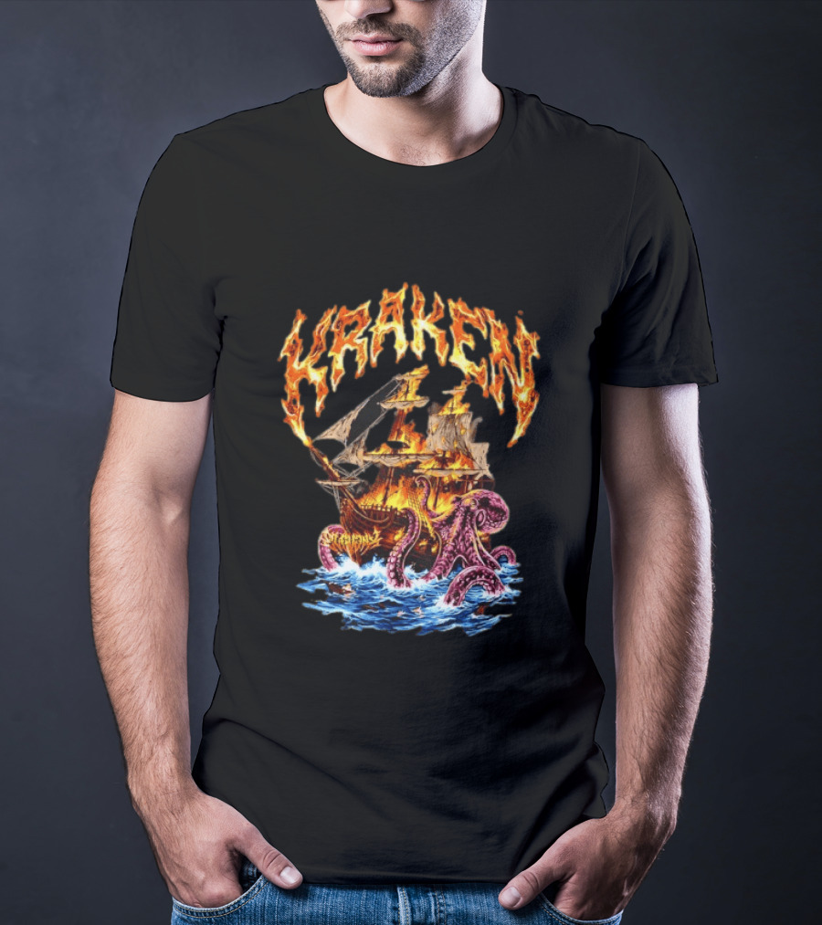 Kraken Nautical Myths Burning Ship Octopus Attack T-Shirt