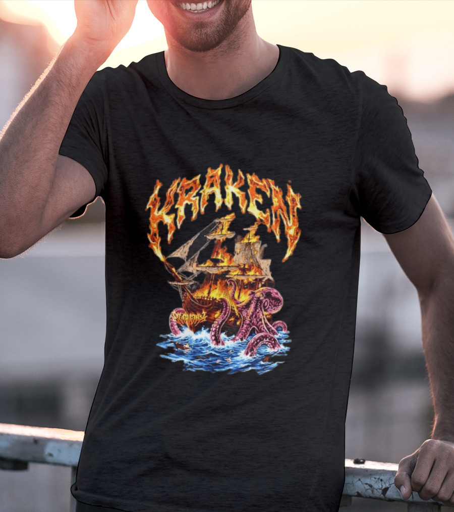 Kraken Nautical Myths Burning Ship Octopus Attack T-Shirt