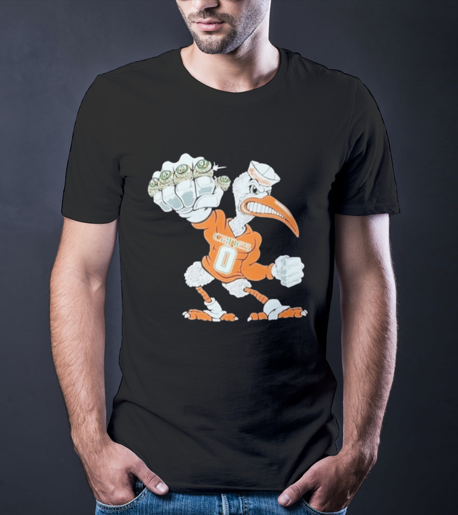 Miami Hurricanes Sebastian The Ibis 5 Rings Champs 1983 1987 1989 1991 2001 T-Shirt