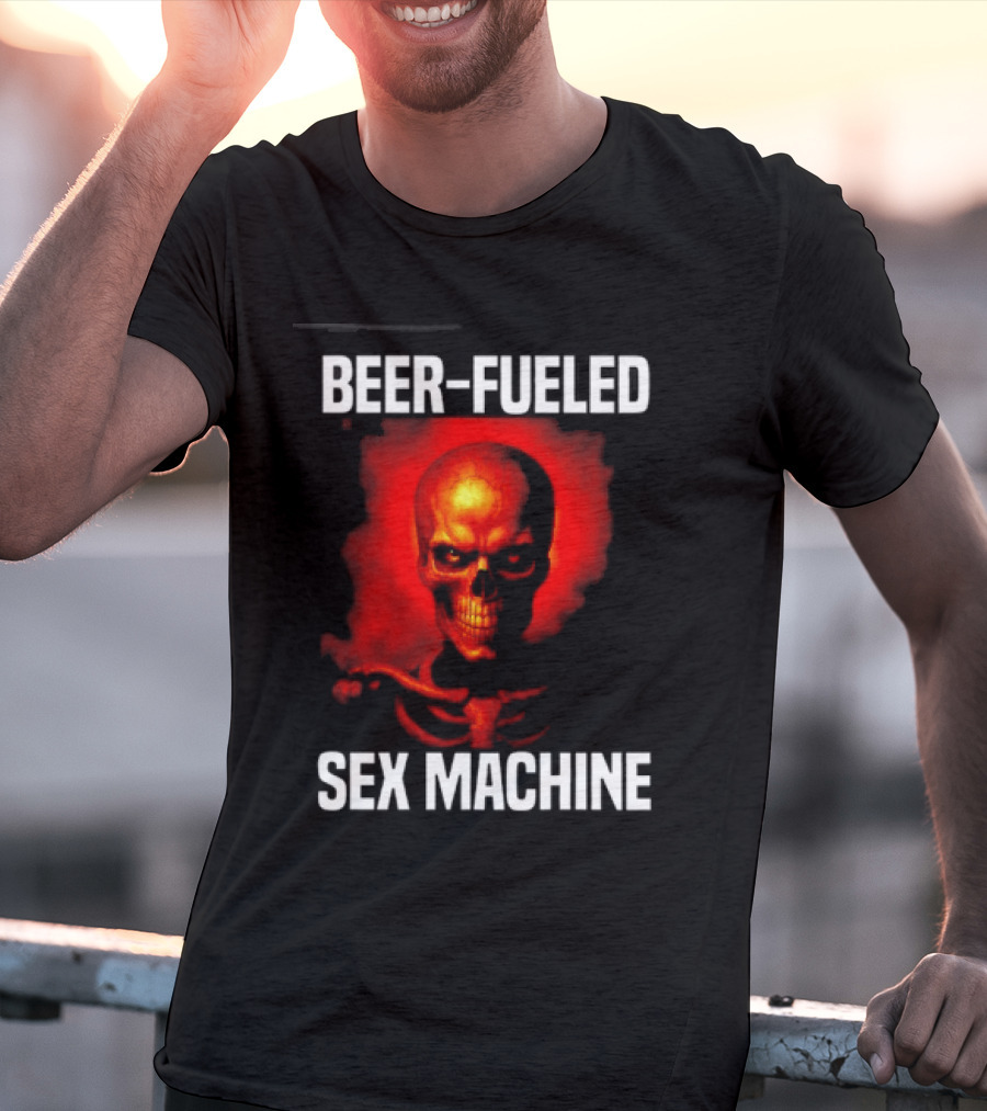 Beer Fueled Sex Machine Flaming Skeleton T-Shirt