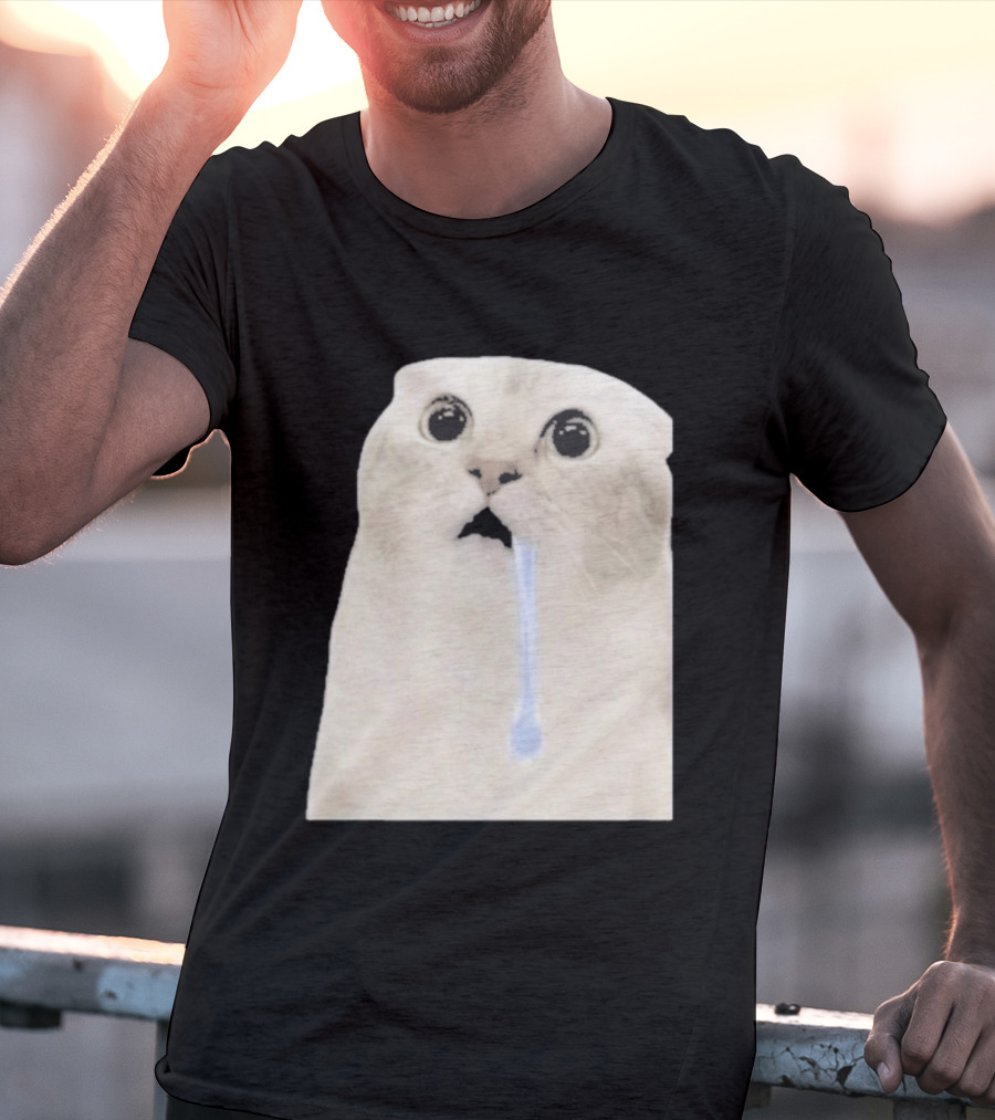 Wide Eyed Drooling Cat Meme Humor T-Shirt