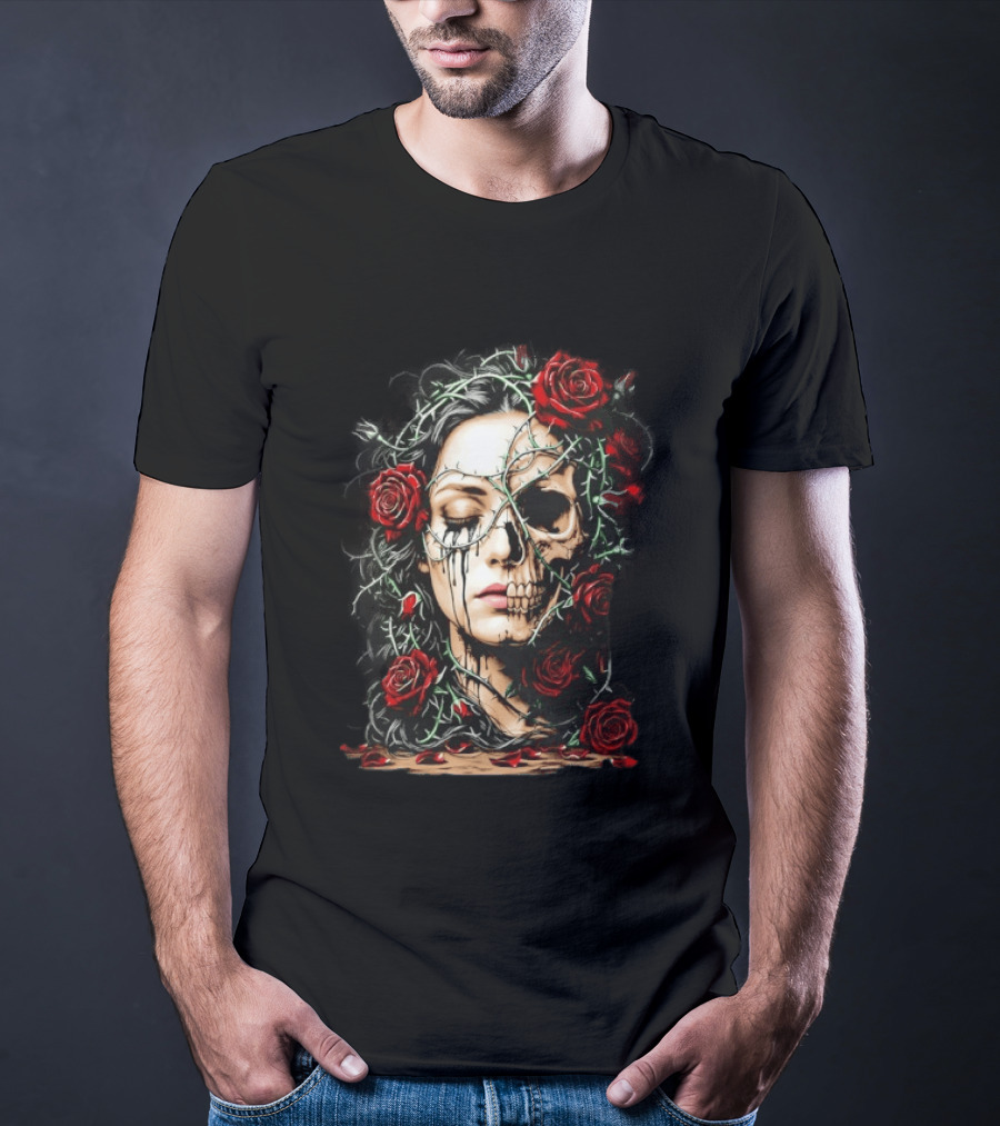 Eleventy Skull And Roses Gothic Heavy Metal Image With Thorns And Red Roses T-Shirt