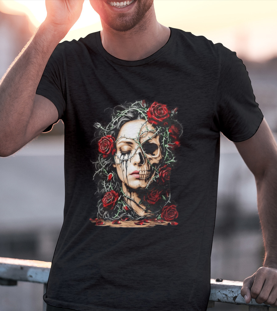Eleventy Skull And Roses Gothic Heavy Metal Image With Thorns And Red Roses T-Shirt