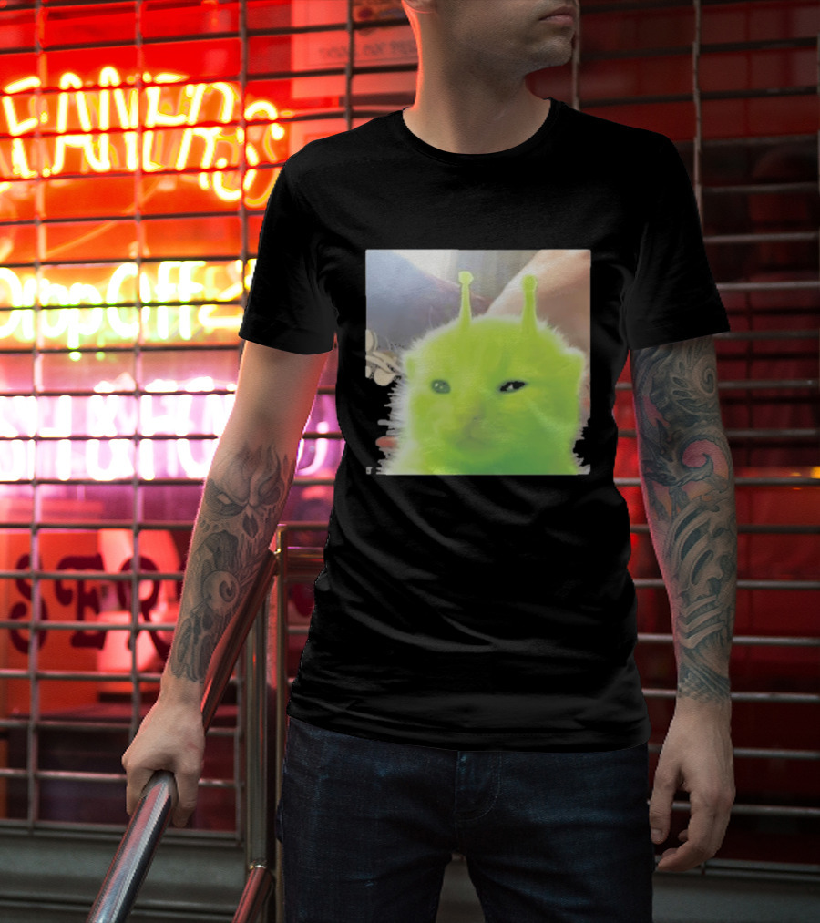 Glorp Alien Cat Winking Whimsical Green Feline With Antennae T-Shirt
