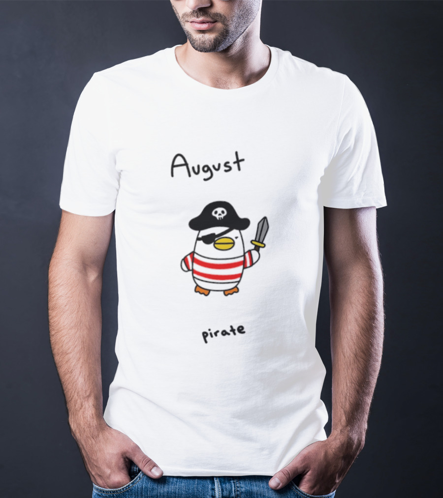 August Pirate Penguin Cartoon Striped Eyepatch Sword T-Shirt
