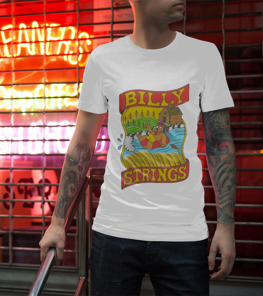 Billy Strings Tubing Bear Cabin Scene With Trees And Fish T-Shirt