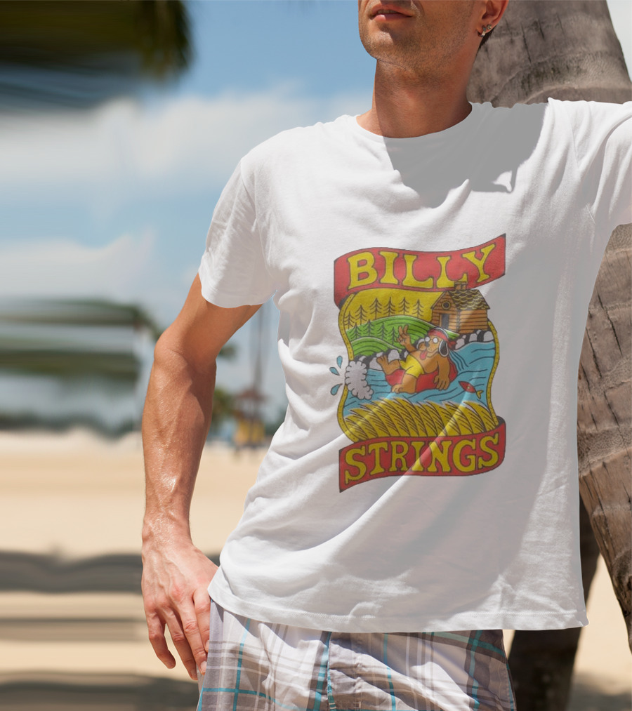 Billy Strings Tubing Bear Cabin Scene With Trees And Fish T-Shirt