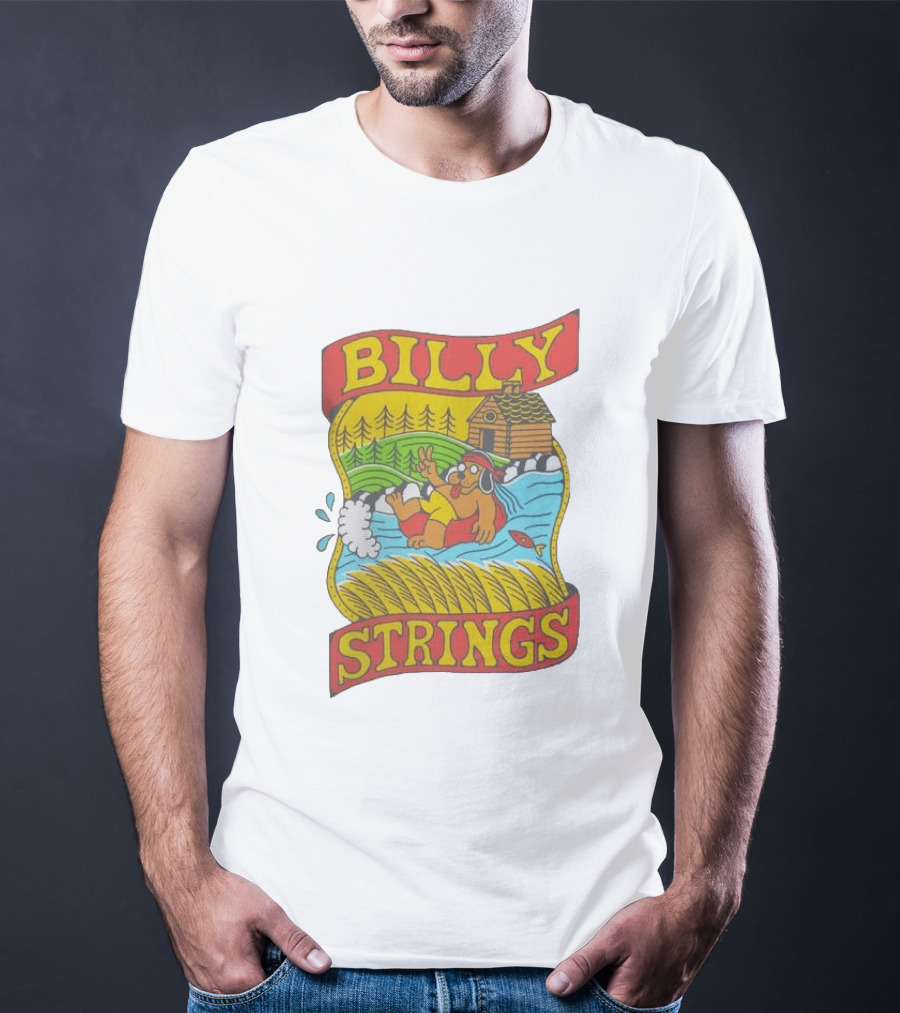 Billy Strings Tubing Bear Cabin Scene With Trees And Fish T-Shirt