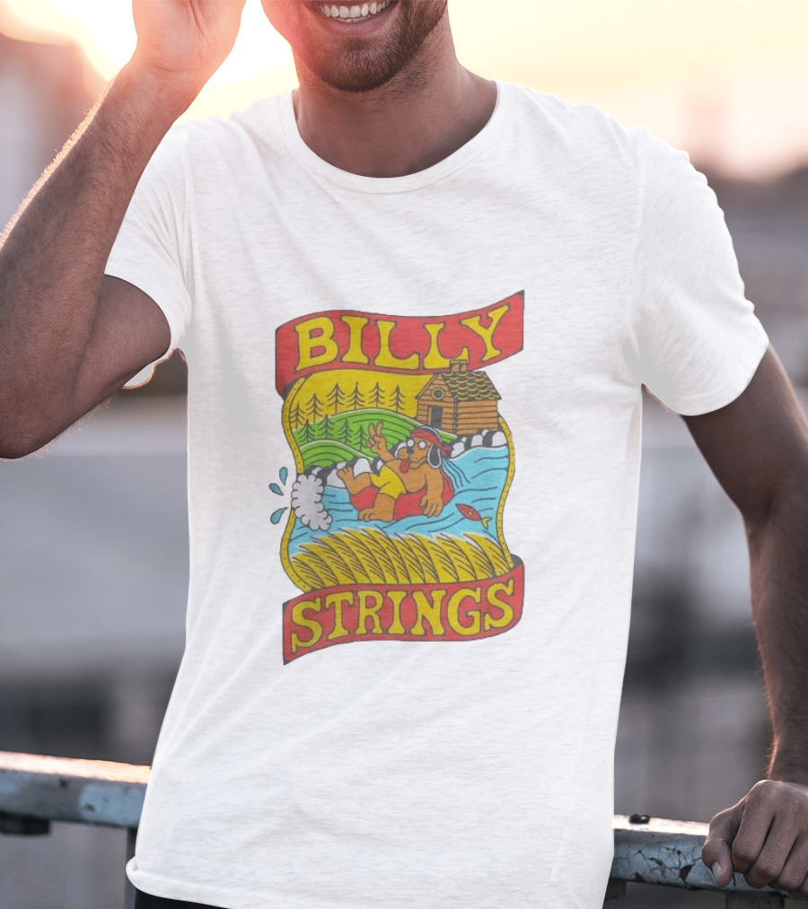 Billy Strings Tubing Bear Cabin Scene With Trees And Fish T-Shirt