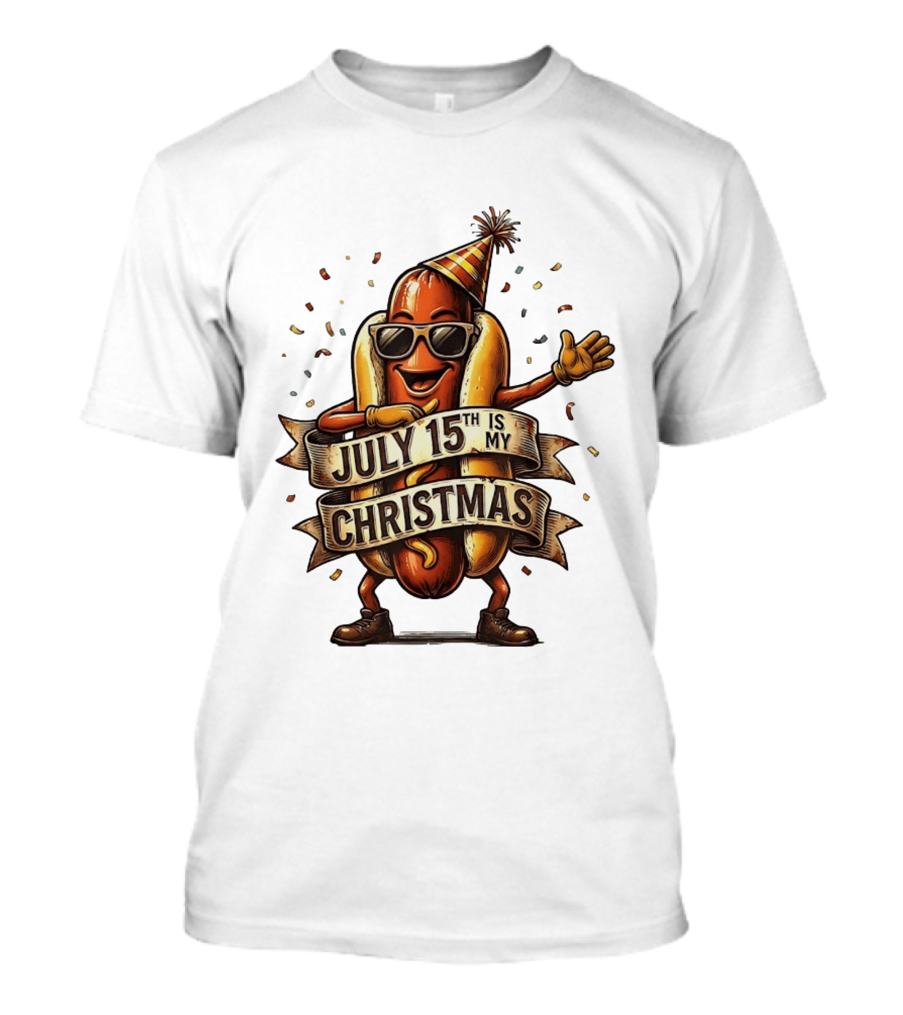 Hot Dog Wearing Sunglasses And Party Hat July 15th Is My Christmas T-Shirt