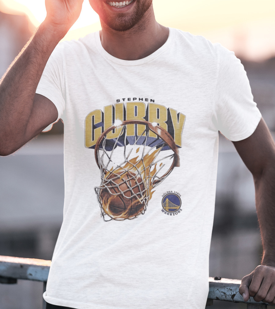 Stephen Curry Golden State Warriors Flaming Basketball Net T-Shirt