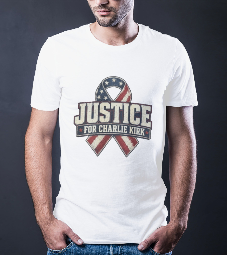 Justice For Charlie Kirk Distressed American Flag Ribbon T-Shirt