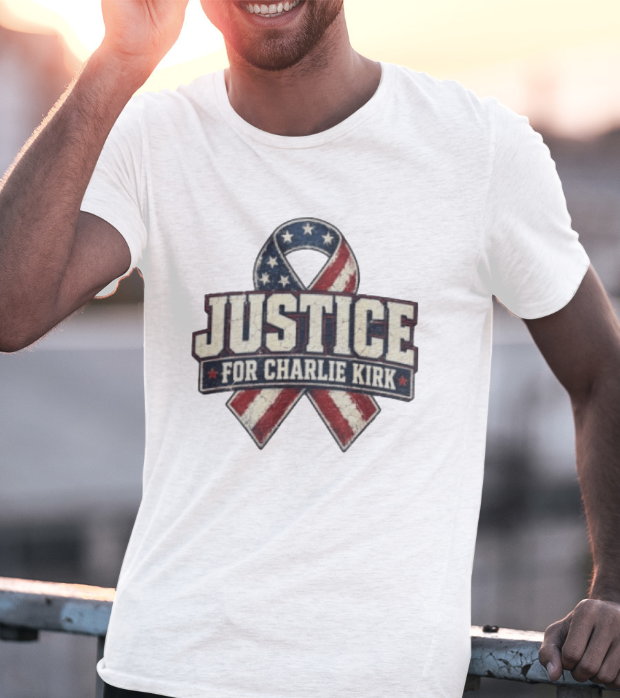 Justice For Charlie Kirk Distressed American Flag Ribbon T-Shirt