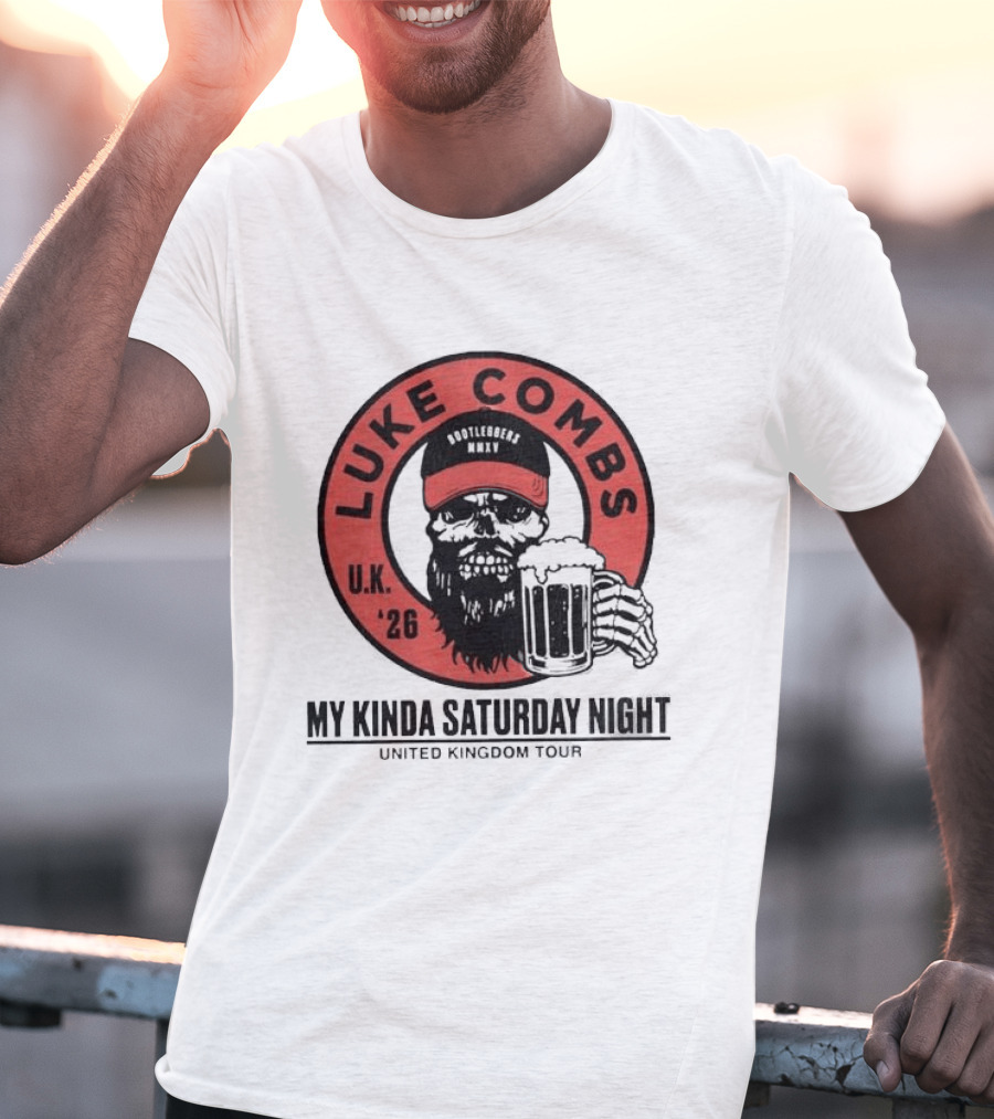 Luke Combs My Kinda Saturday Night UK Tour 2026 Pop Up Skeleton Holding Beer T-Shirt