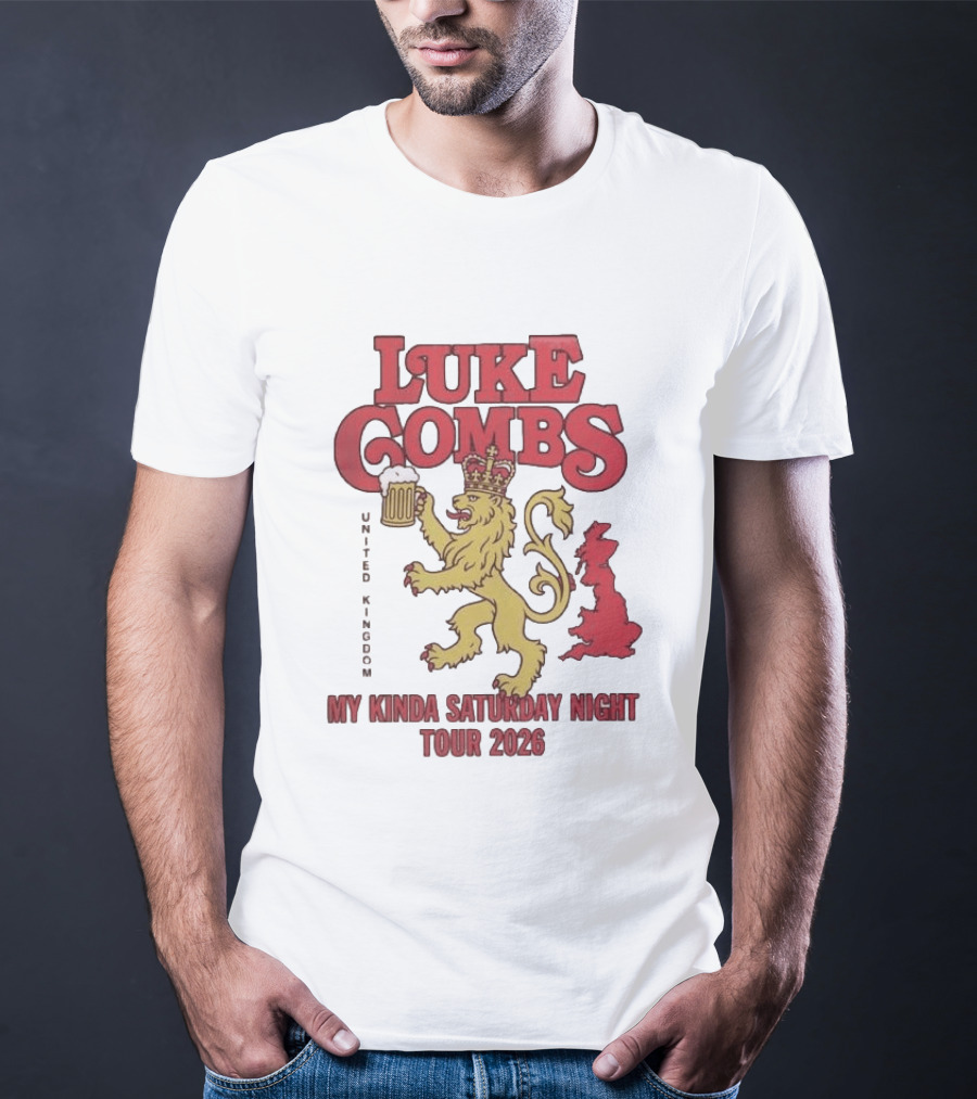 Luke Combs United Kingdom My Kinda Saturday Night Tour 2026 Lion Holding Beer T-Shirt