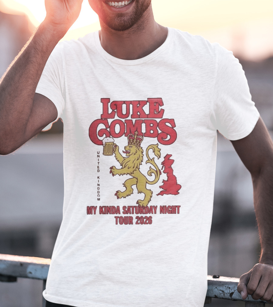 Luke Combs United Kingdom My Kinda Saturday Night Tour 2026 Lion Holding Beer T-Shirt