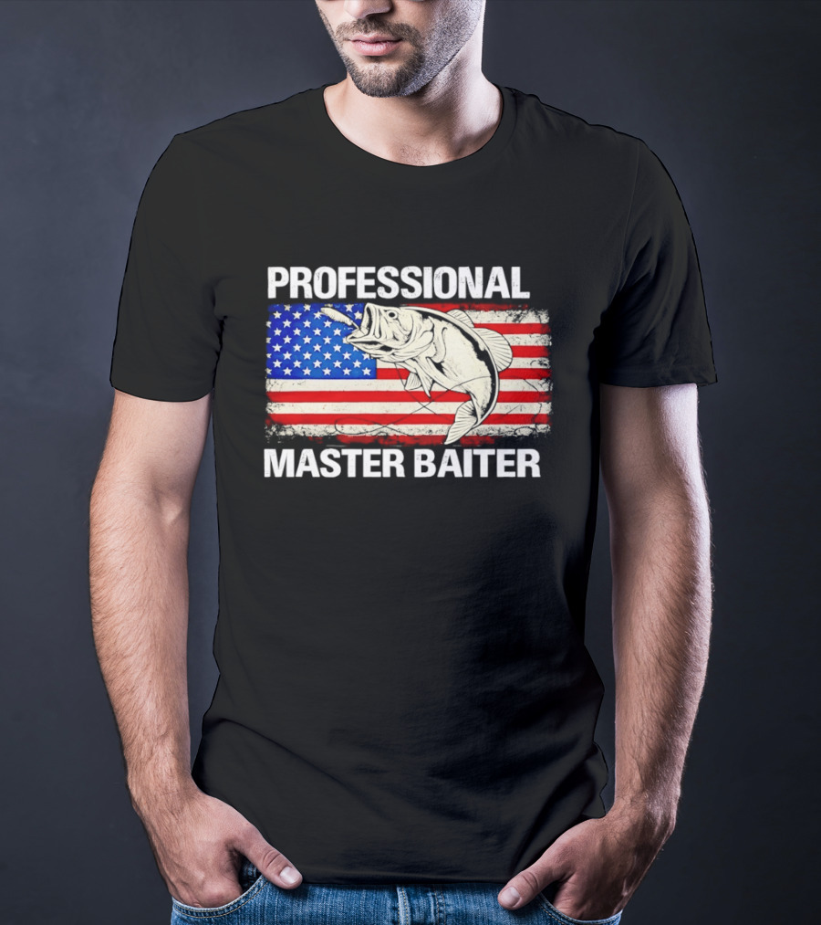 Professional Master Baiter Distressed American Flag Fishing USA Flag T-Shirt