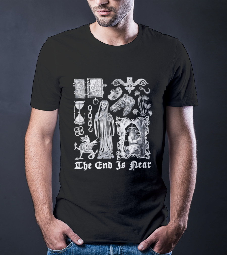 The End Is Near Gothic Occult Dark Medieval Symbols Skeleton Dragon Hourglass T-Shirt