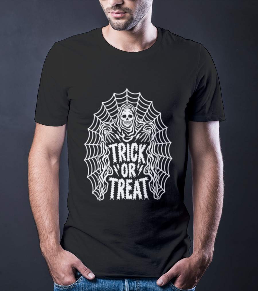 Trick Or Treat Skeleton Grim Reaper Spider Web Halloween T-Shirt