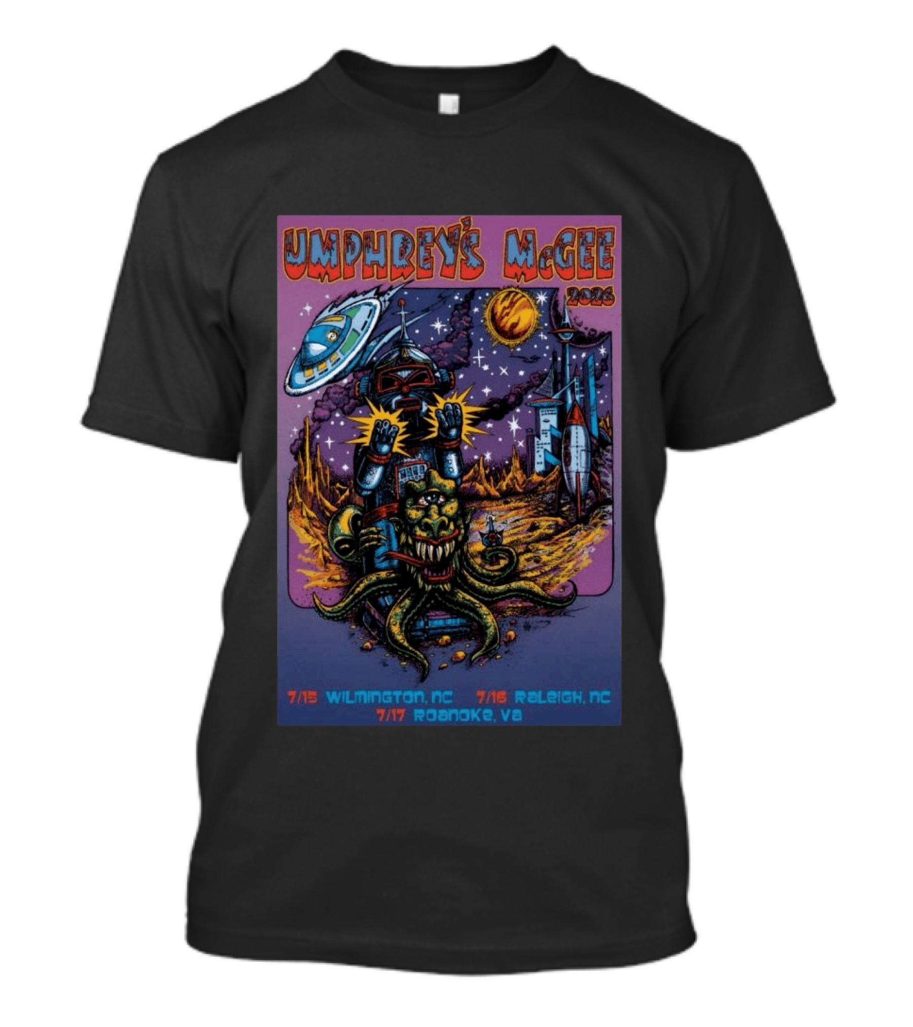 Umphrey's McGee 2026 Tour Dates With Sci Fi Art Featuring Space Monster And Robot In Roanoke VA T-Shirt