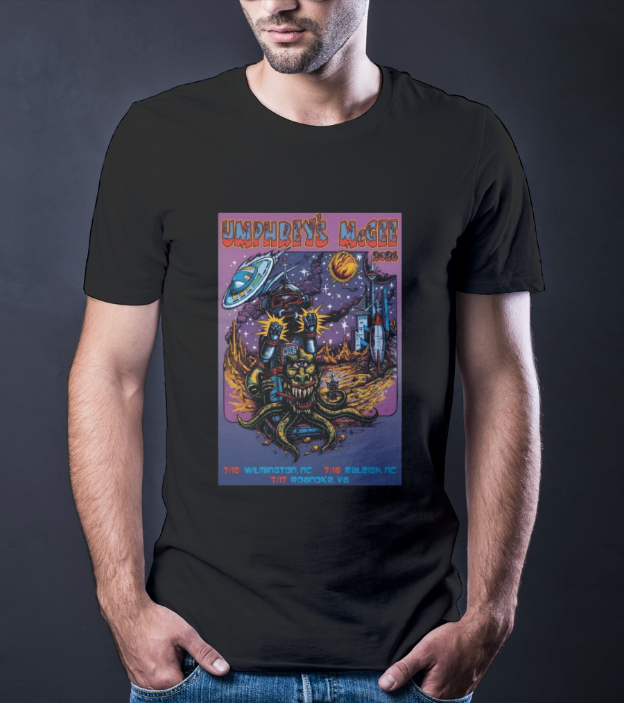 Umphrey's McGee 2026 Tour Dates With Sci Fi Art Featuring Space Monster And Robot In Roanoke VA T-Shirt