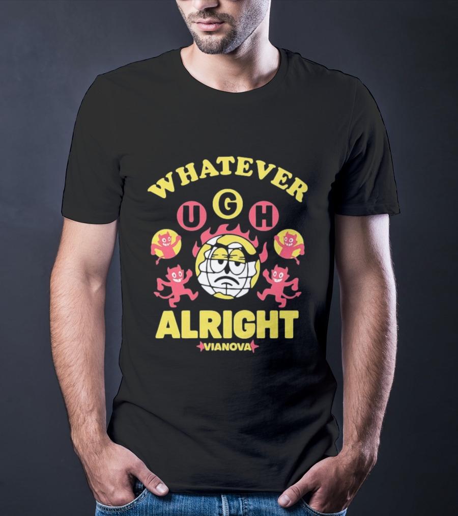 Vianova Whatever Ugh Alright Grumpy Globe Face Red Devils Cartoon T-Shirt