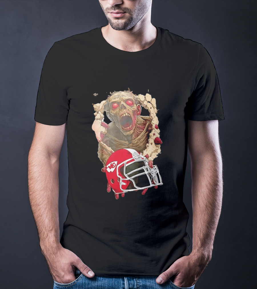 Zombie Kansas City Chiefs Helmet Halloween Scary Football Fan Spirit T-Shirt