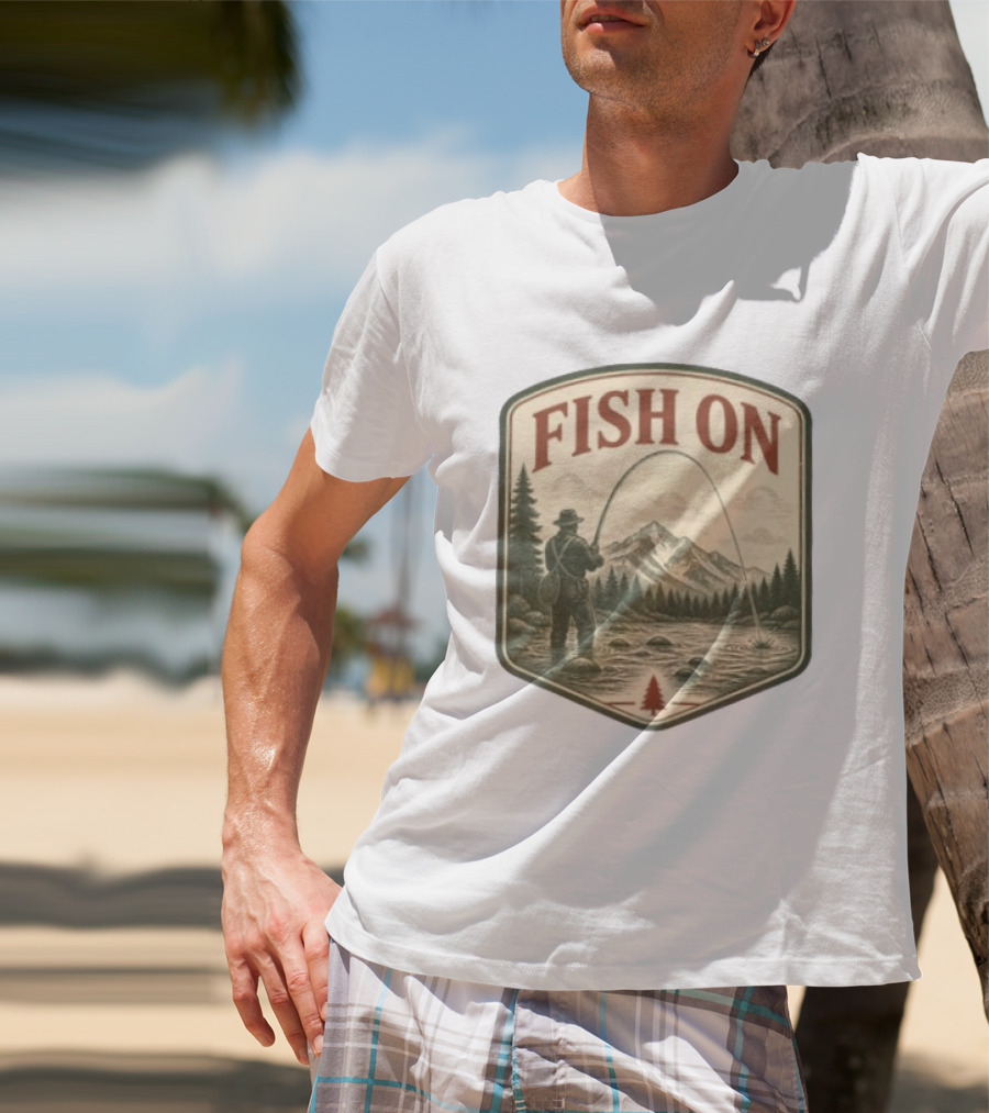 Fish On Fly Fishing Fisherman Mountain Landscape Adventure T-Shirt