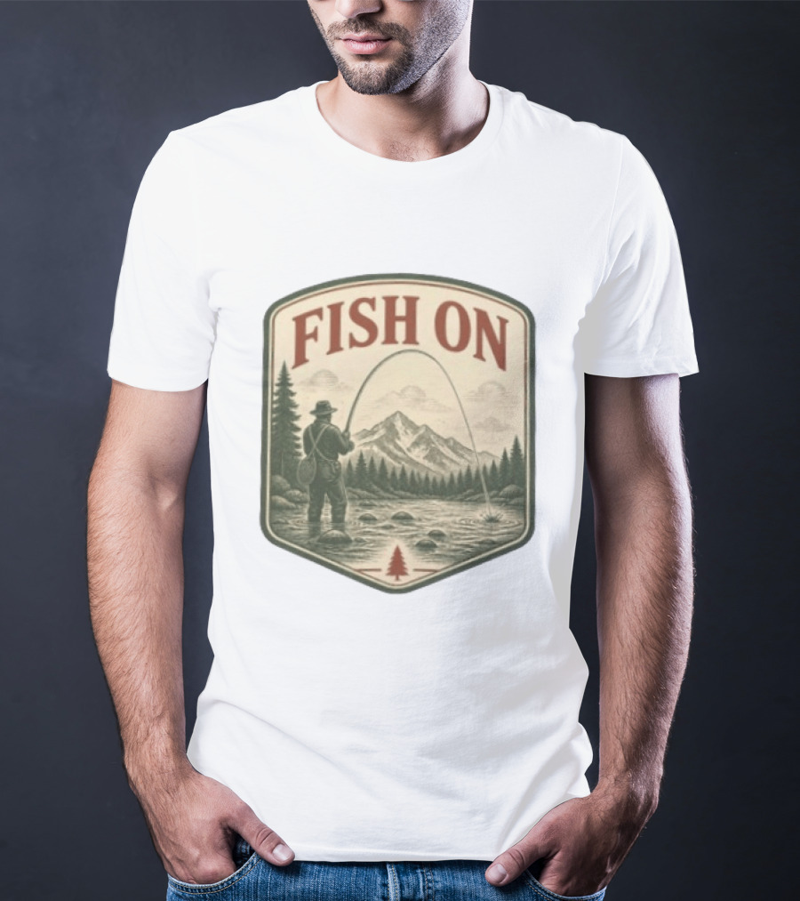 Fish On Fly Fishing Fisherman Mountain Landscape Adventure T-Shirt