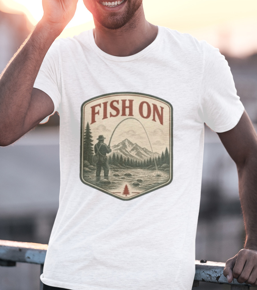 Fish On Fly Fishing Fisherman Mountain Landscape Adventure T-Shirt