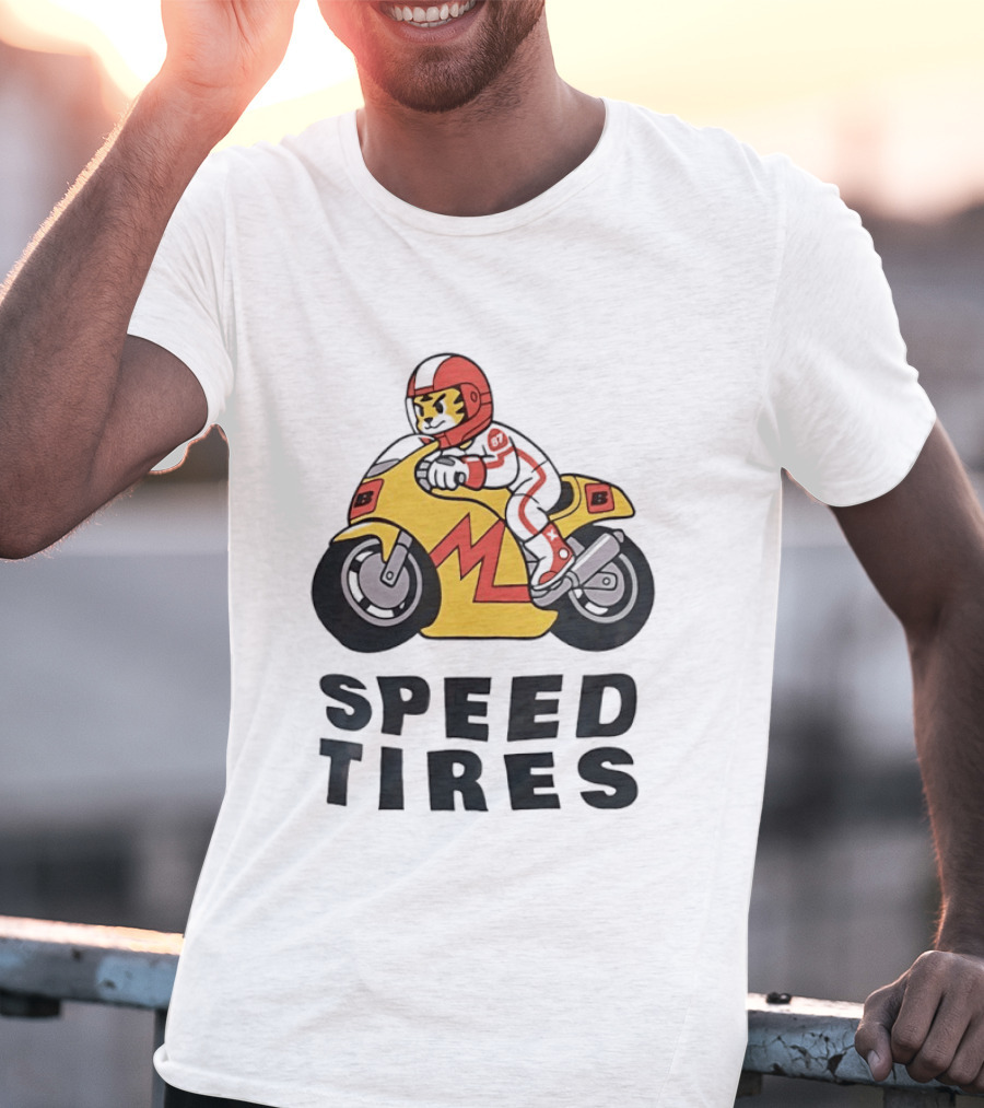 Speed Tires Tiger Motorcycle Racing Biker Rider On Yellow Bike T-Shirt