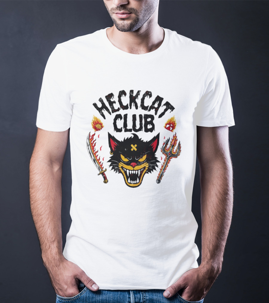 Heckcat Club Black Cat Sword Trident Flames T-Shirt