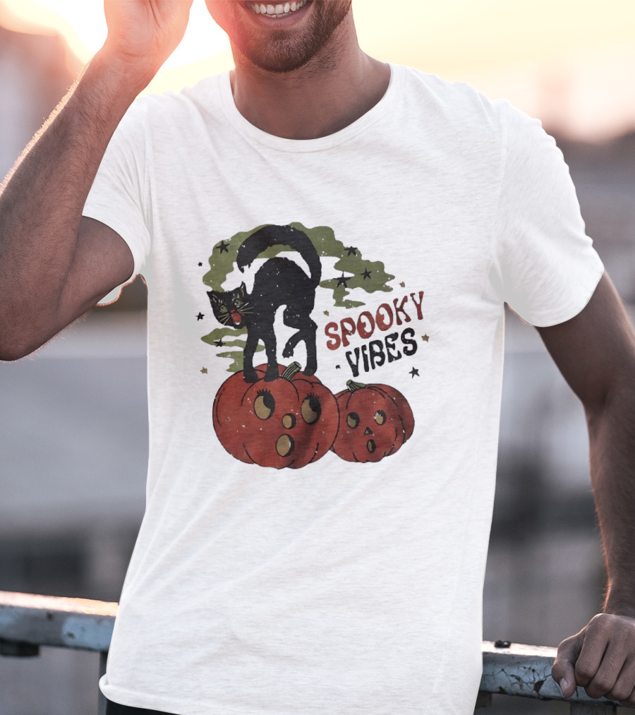Spooky Vibes Black Cat Pumpkins Halloween Cartoon Stars T-Shirt