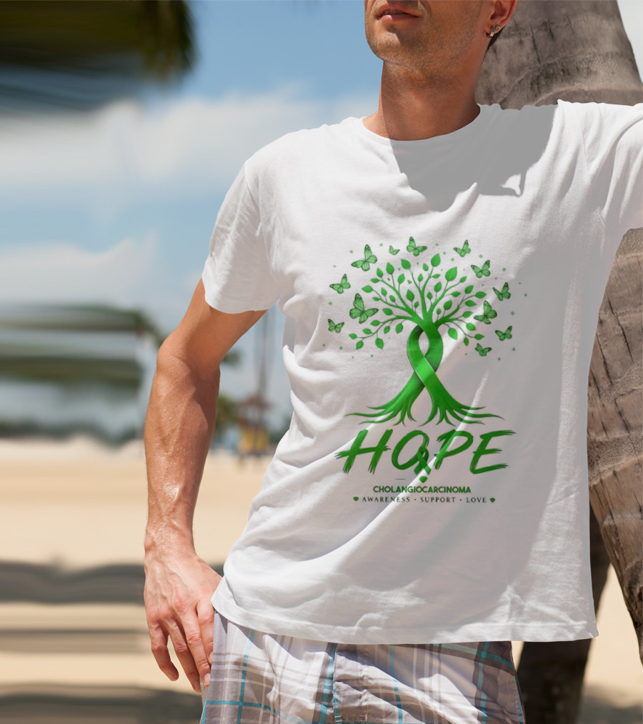 Hope Tree With Butterflies Cholangiocarcinoma Awareness Support Love Ribbon T-Shirt