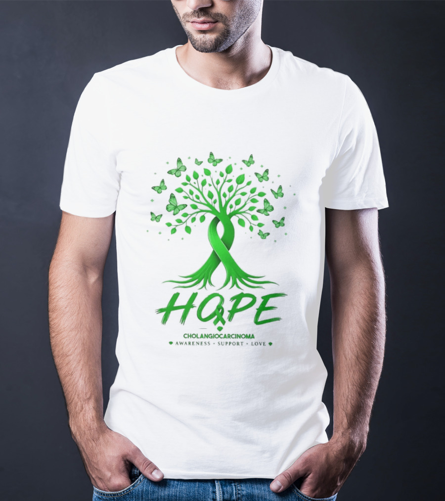 Hope Tree With Butterflies Cholangiocarcinoma Awareness Support Love Ribbon T-Shirt