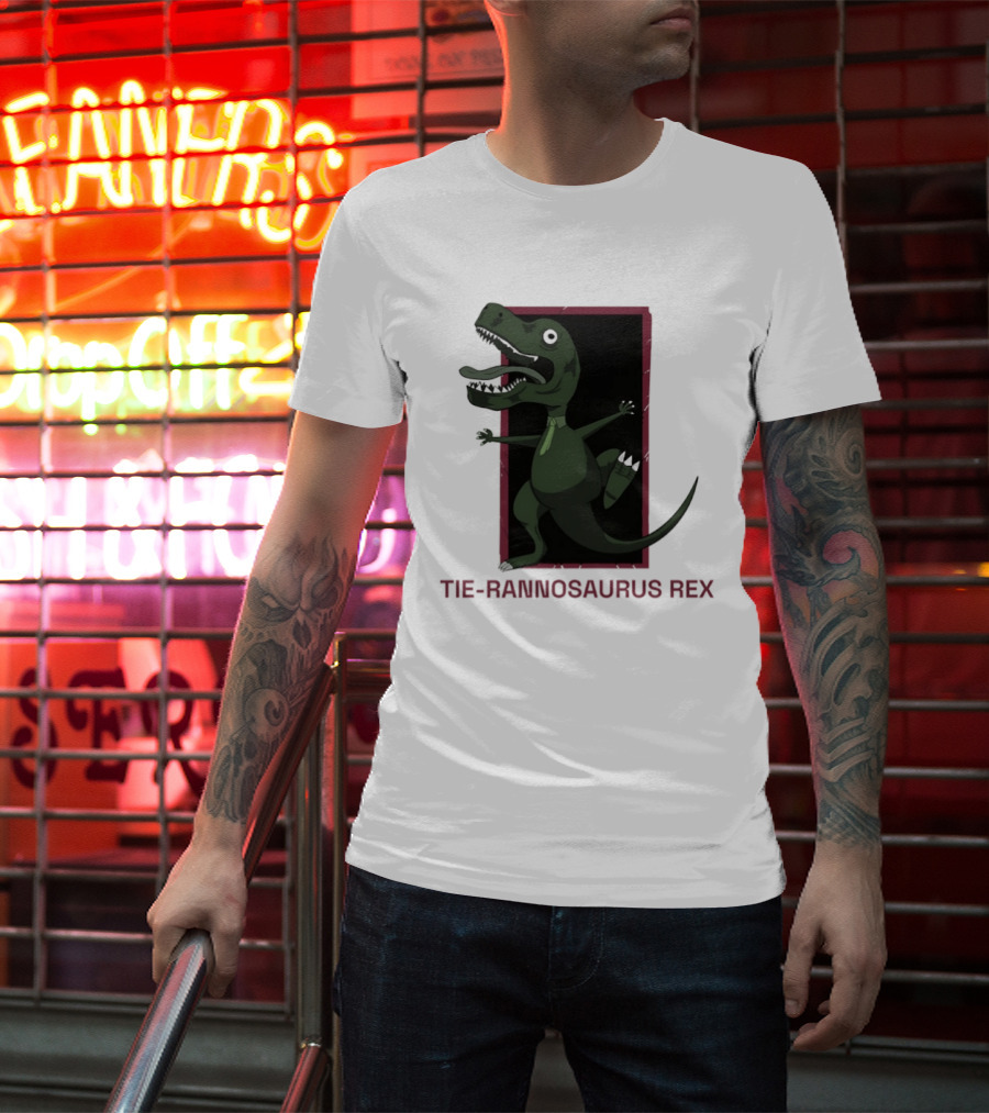 TIE RANNOSAURUS REX Dinosaur Humor Pun With Green Tie T-Shirt