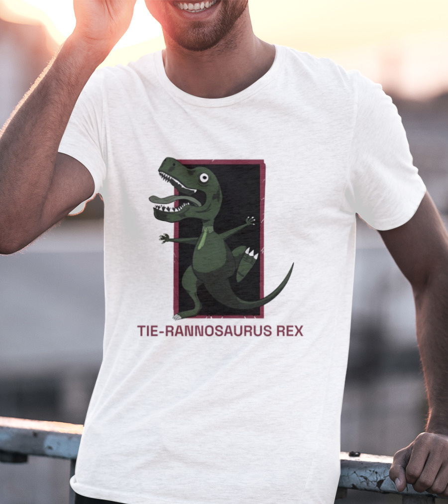 TIE RANNOSAURUS REX Dinosaur Humor Pun With Green Tie T-Shirt