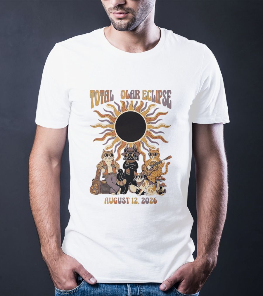 Total Solar Eclipse August 12 2026 Cats Band With Instruments And Sunglasses T-Shirt