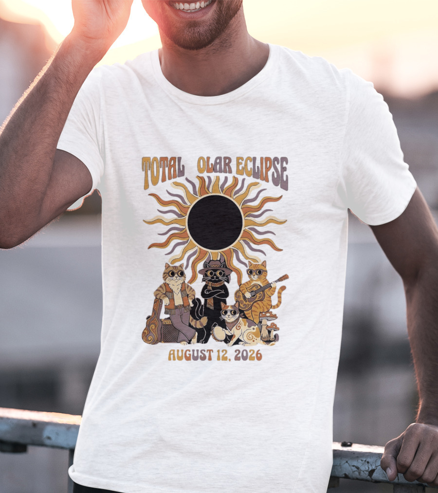 Total Solar Eclipse August 12 2026 Cats Band With Instruments And Sunglasses T-Shirt