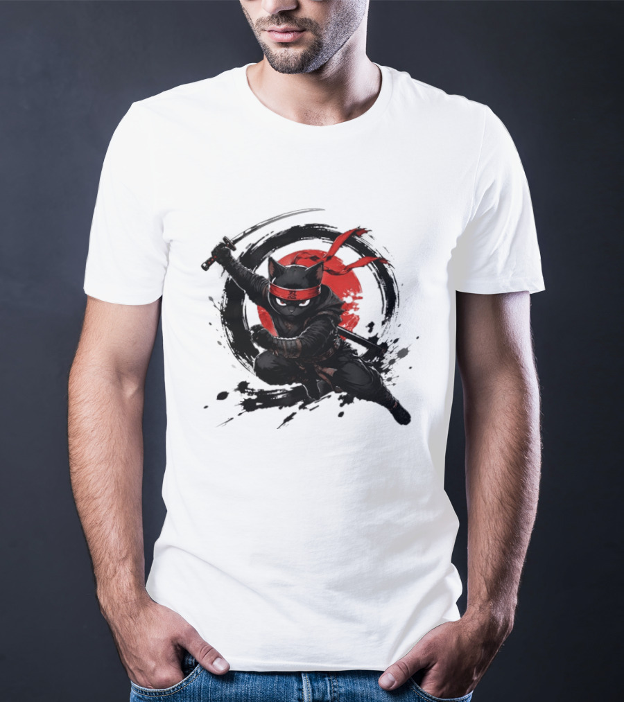 Ninja Cat Katana Warrior Red Rising Sun T-Shirt