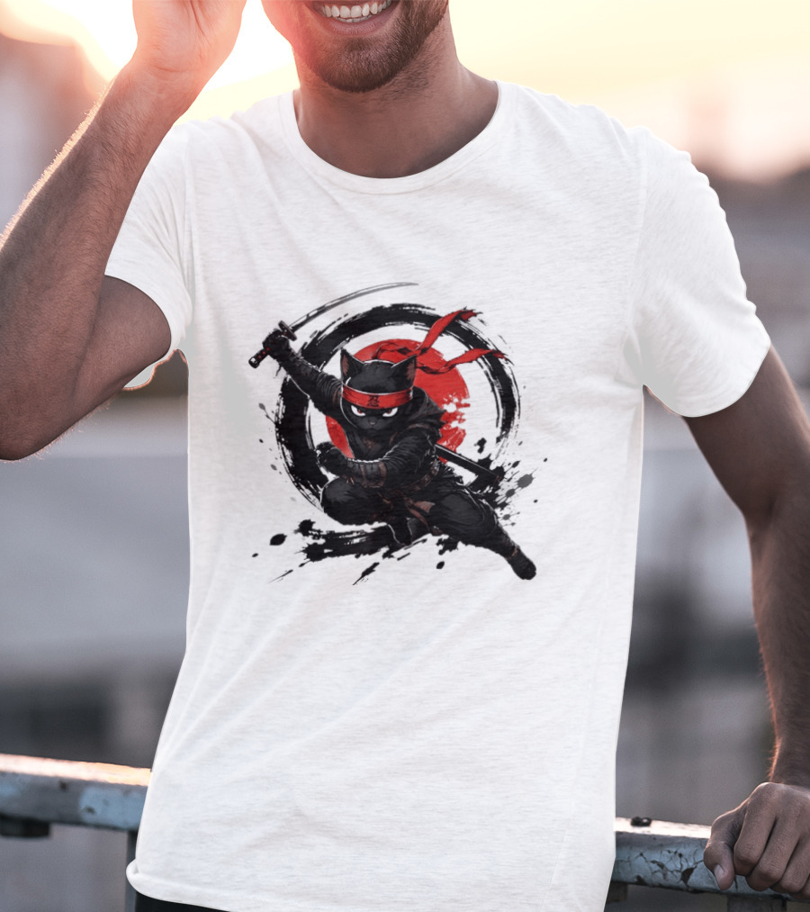 Ninja Cat Katana Warrior Red Rising Sun T-Shirt