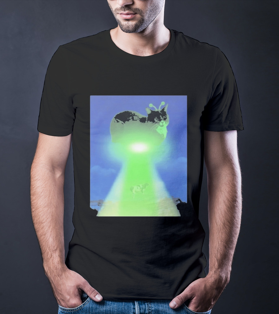 Alien Kitty UFO Beaming Cat Abduction With Tractor Beam And Cow T-Shirt